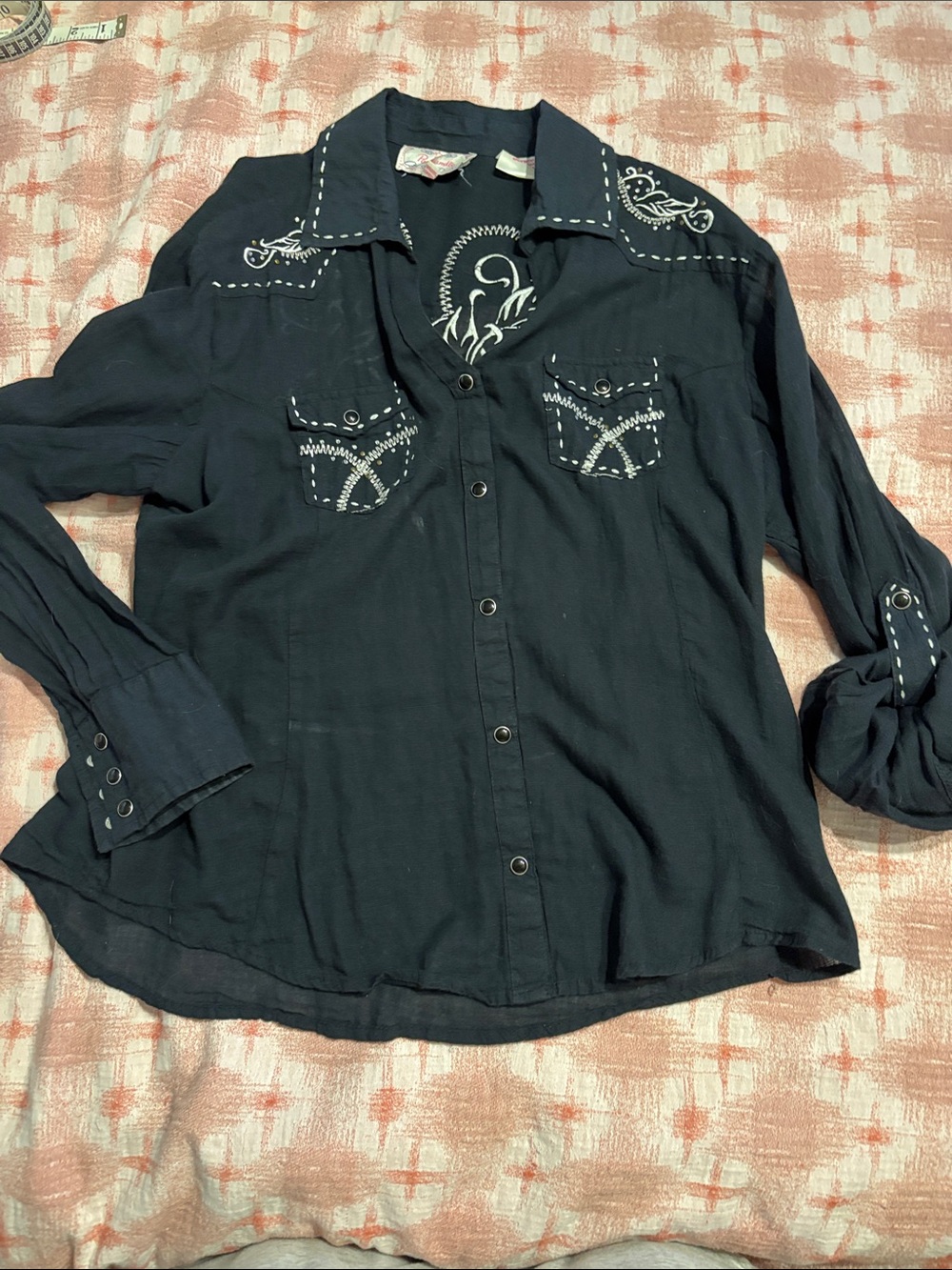 Black Embroidered Cotton Button-Up Shirt by Panhandle